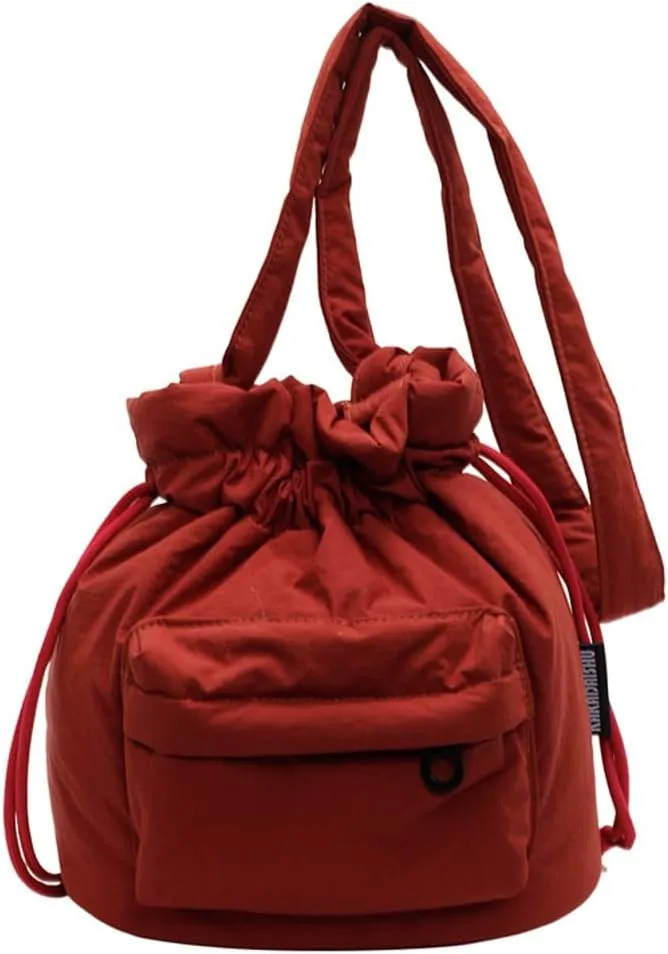 Fashion Drawstring Nylon Bucket Bag Solid Color Simple Cross Body Bag Commuter Travel Shoulder Bags for Women 2025