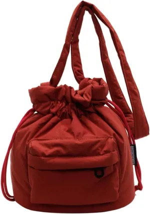 Fashion Drawstring Nylon Bucket Bag Solid Color Simple Cross Body Bag Commuter Travel Shoulder Bags for Women 2025