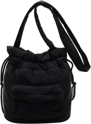 Fashion Drawstring Nylon Bucket Bag Solid Color Simple Cross Body Bag Commuter Travel Shoulder Bags for Women 2025