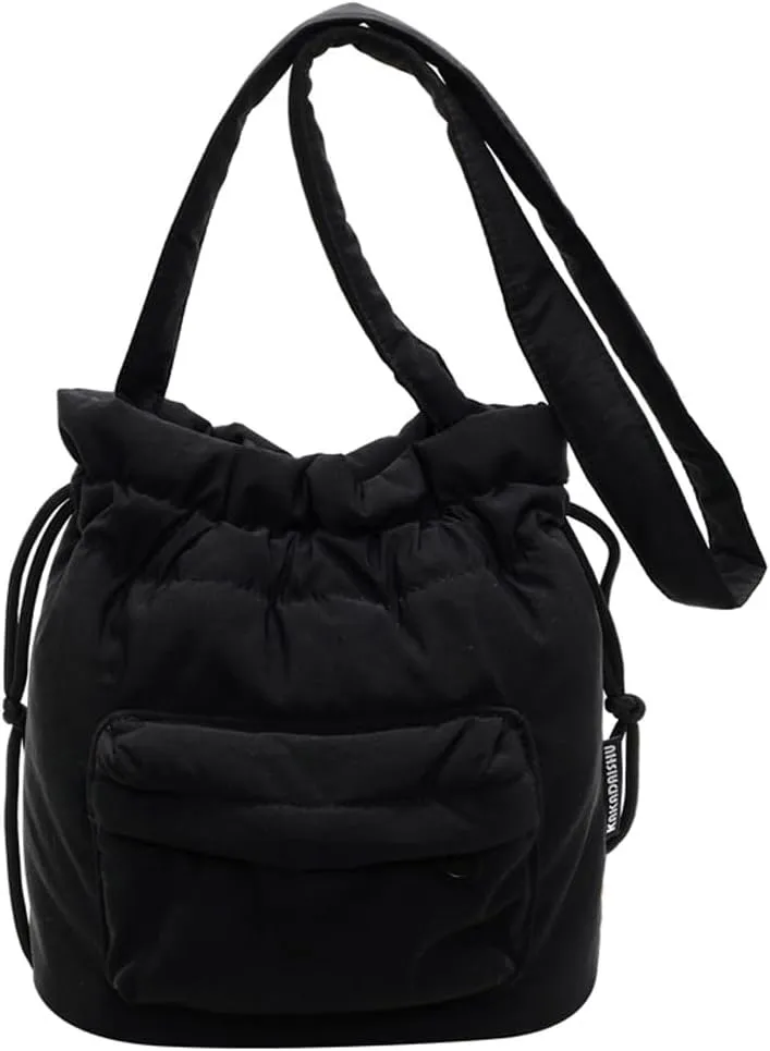 Fashion Drawstring Nylon Bucket Bag Solid Color Simple Cross Body Bag Commuter Travel Shoulder Bags for Women 2025