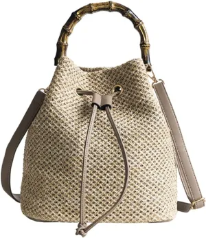 Fashionable Bamboo Bucket Bag Straw Weave Crossbody Handbag Drawstring Bag Ideal for Work Leisure