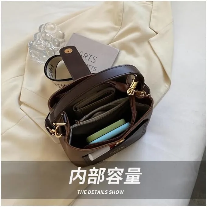 Fashionable Hand Shoulder Crossbody Women's All-Match Vintage Bucket Bag-Coffee