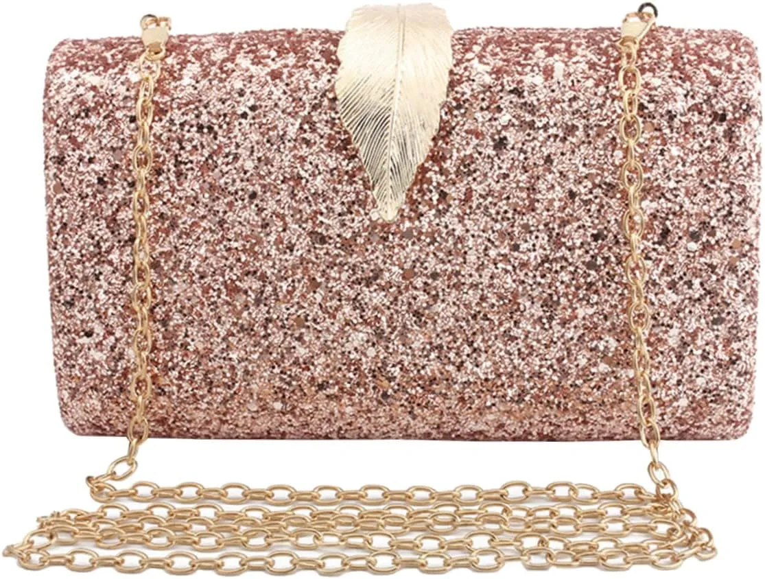 Fashionable Hot Pink Clutch Evening Handbag Sequins Decor Leaf Buckle for Wedding Banquet