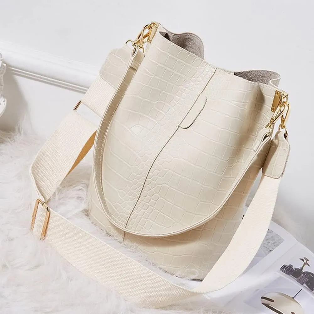 Fashionable Leather Bucket Bag for Women - Classic Crocodile Pattern Crossbody Handbag & Large Shoulder Purse