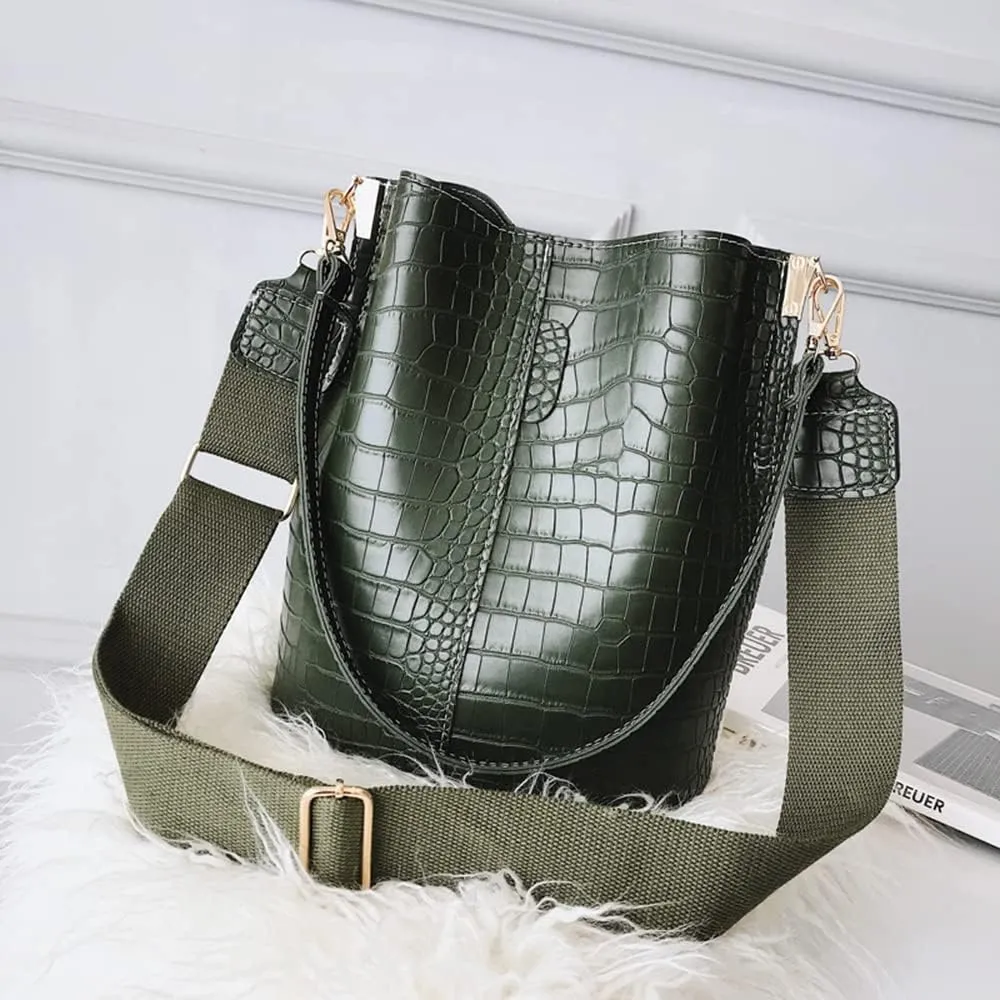 Fashionable Leather Bucket Bag for Women - Classic Crocodile Pattern Crossbody Handbag & Large Shoulder Purse