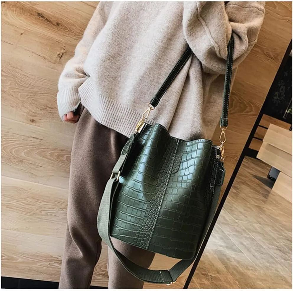 Fashionable Leather Bucket Bag for Women - Classic Crocodile Pattern Crossbody Handbag & Large Shoulder Purse