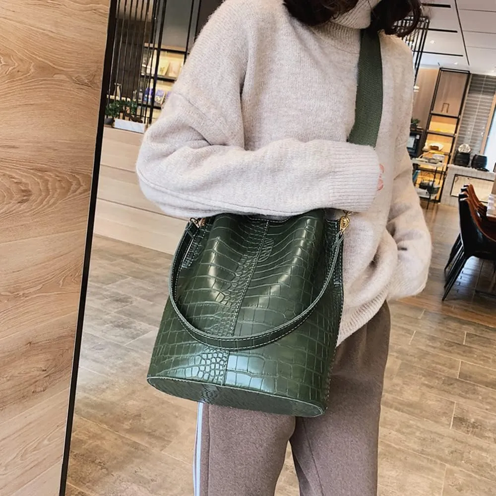 Fashionable Leather Bucket Bag for Women - Classic Crocodile Pattern Crossbody Handbag & Large Shoulder Purse