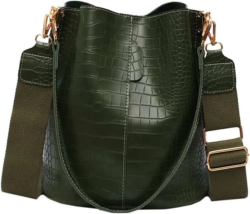 Fashionable Leather Bucket Bag for Women - Classic Crocodile Pattern Crossbody Handbag & Large Shoulder Purse