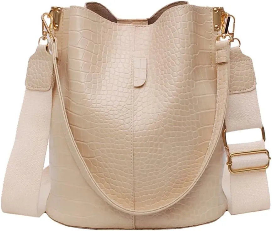 Fashionable Leather Bucket Bag for Women - Classic Crocodile Pattern Crossbody Handbag & Large Shoulder Purse