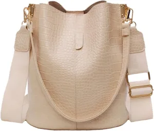 Fashionable Leather Bucket Bag for Women - Classic Crocodile Pattern Crossbody Handbag & Large Shoulder Purse