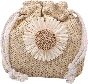 Fashionable Straw Bucket Bag Woven Shoulder Bag Crossbody Hobo Bag Decorative Portable