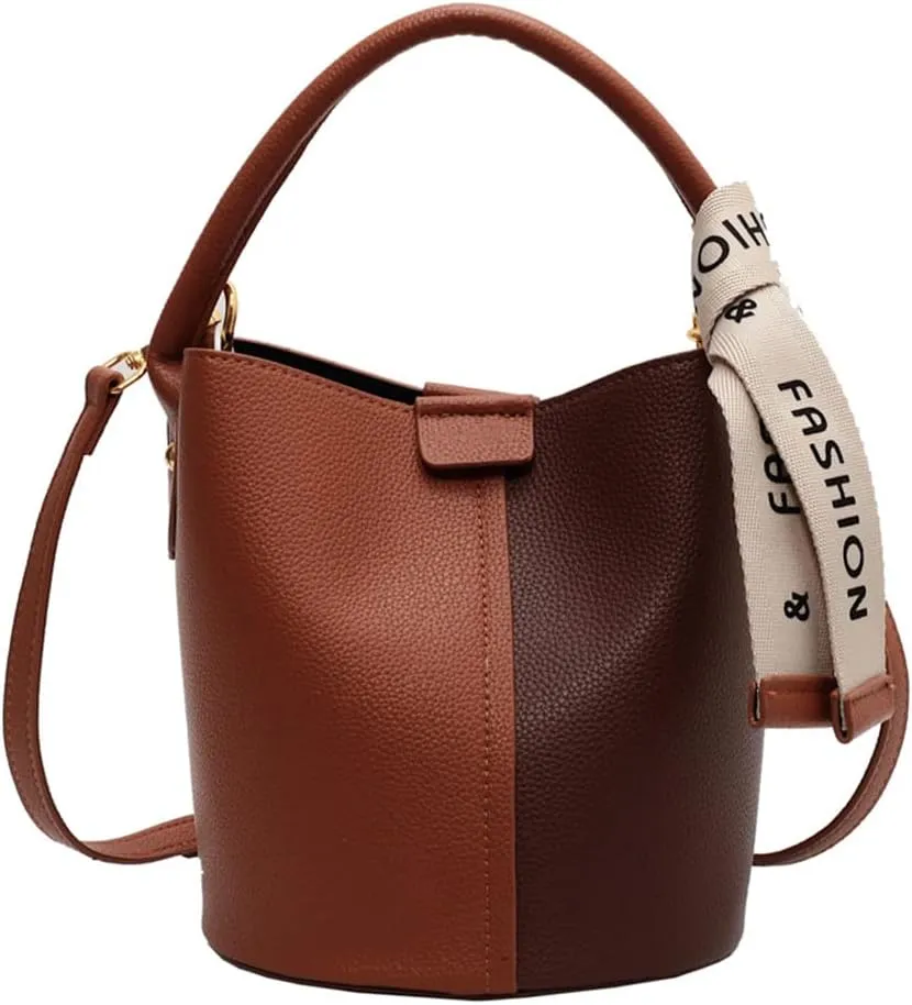 Fashionable Vegan Leather Bucket Crossbody Bag for Women - Hobo Purse & Handbag in Khaki