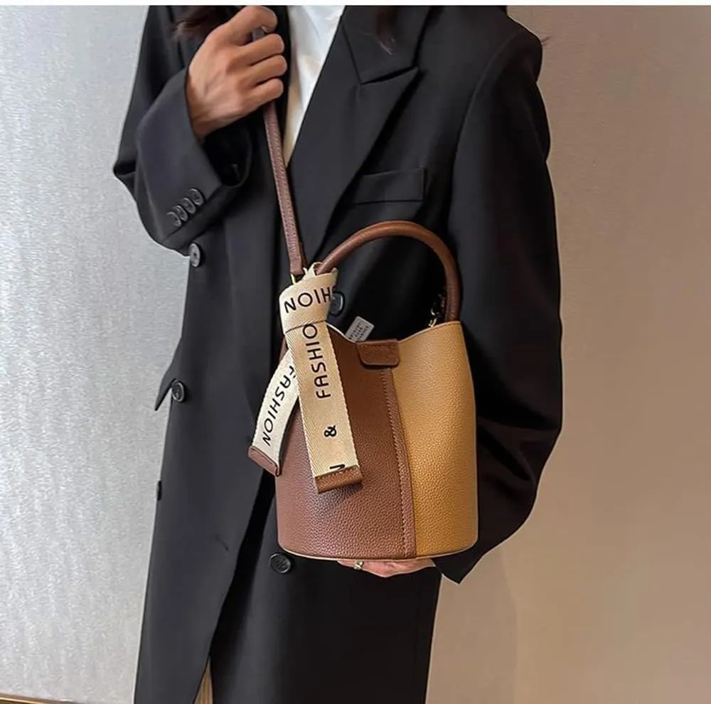 Fashionable Vegan Leather Bucket Crossbody Bag for Women - Hobo Purse & Handbag in Khaki