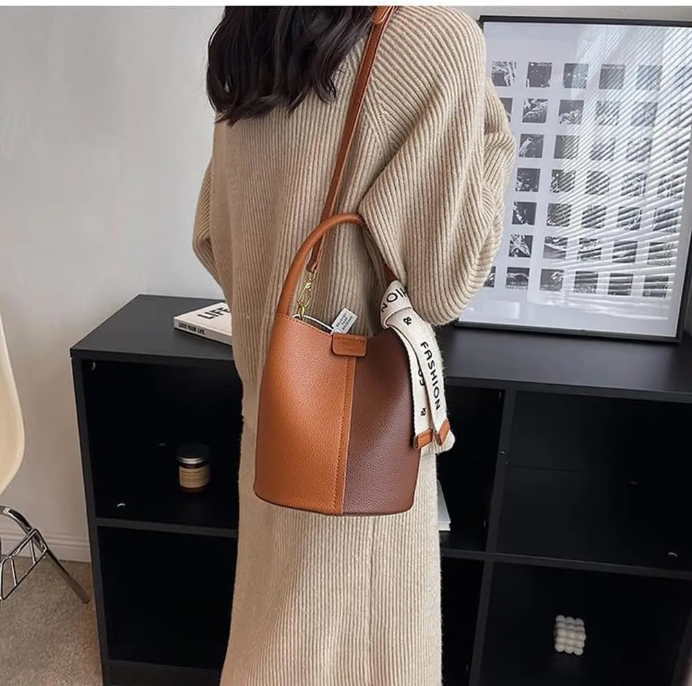 Fashionable Vegan Leather Bucket Crossbody Bag for Women - Hobo Purse & Handbag in Khaki