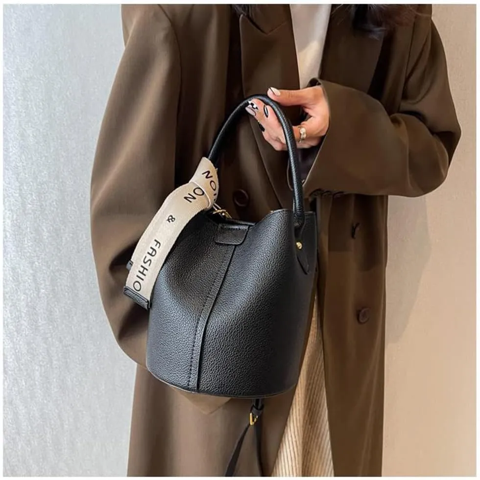 Fashionable Vegan Leather Bucket Crossbody Bag for Women - Hobo Purse & Handbag in Khaki