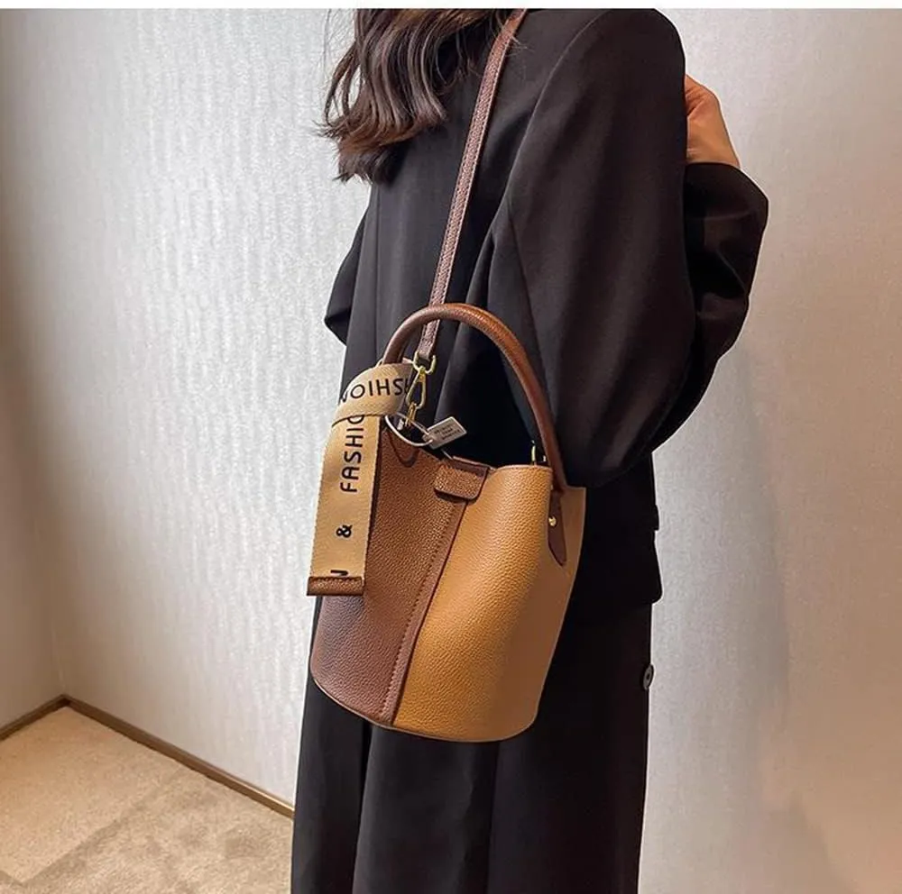 Fashionable Vegan Leather Bucket Crossbody Bag for Women - Hobo Purse & Handbag in Khaki