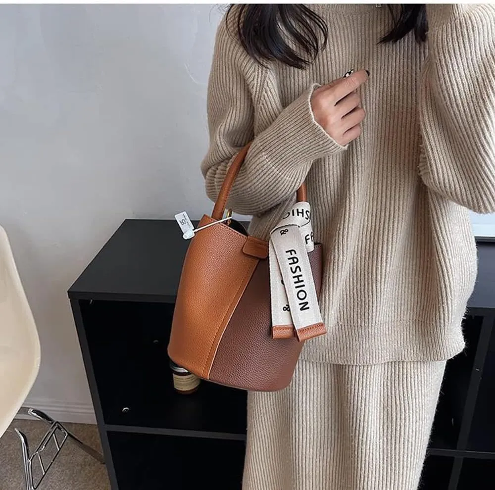 Fashionable Vegan Leather Bucket Crossbody Bag for Women - Hobo Purse & Handbag in Khaki