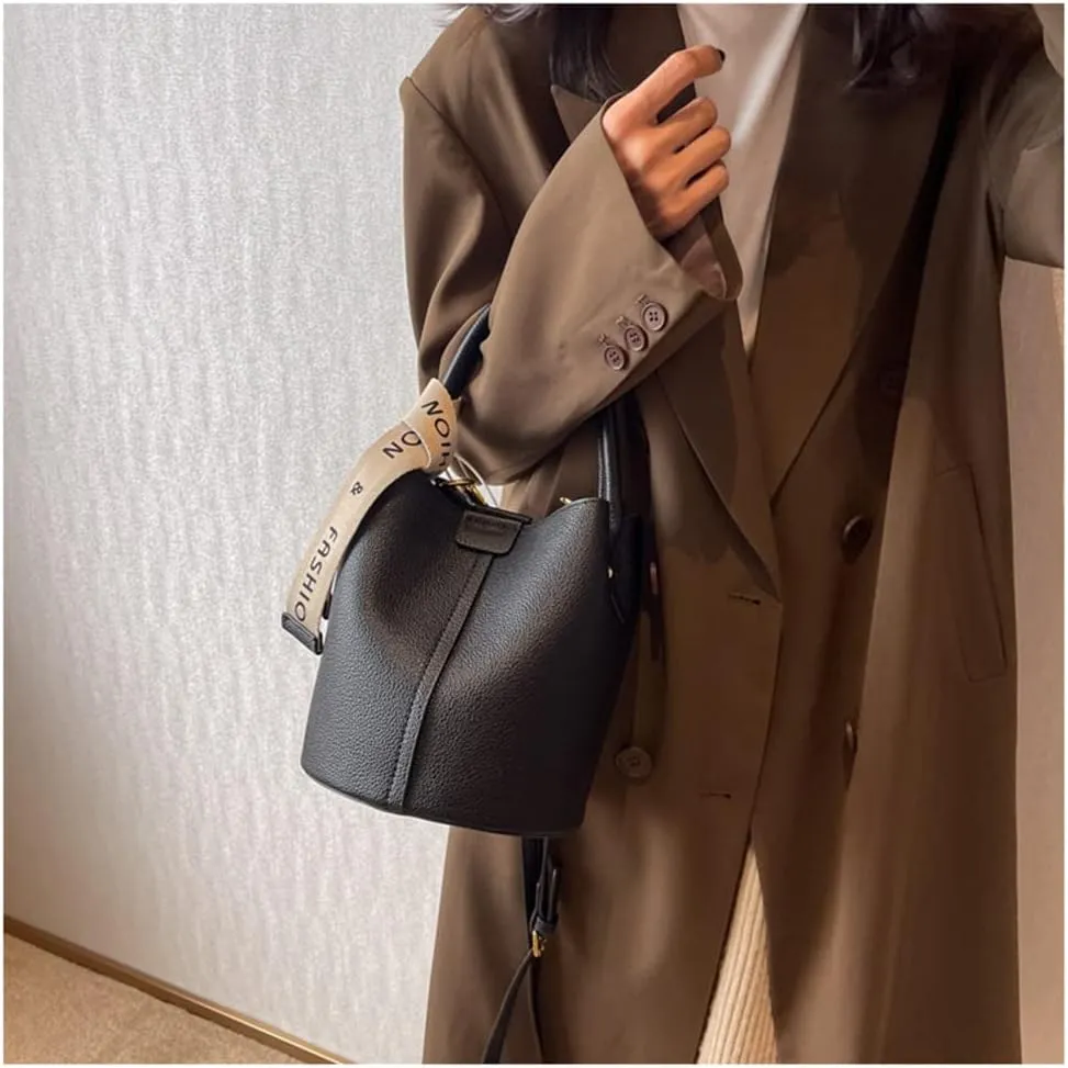 Fashionable Vegan Leather Bucket Crossbody Bag for Women - Hobo Purse & Handbag in Khaki