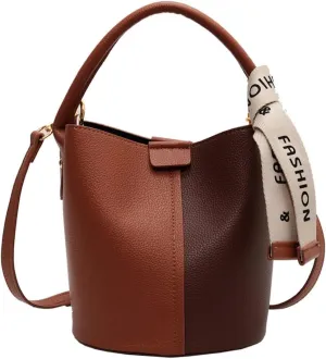 Fashionable Vegan Leather Bucket Crossbody Bag for Women - Hobo Purse & Handbag in Khaki