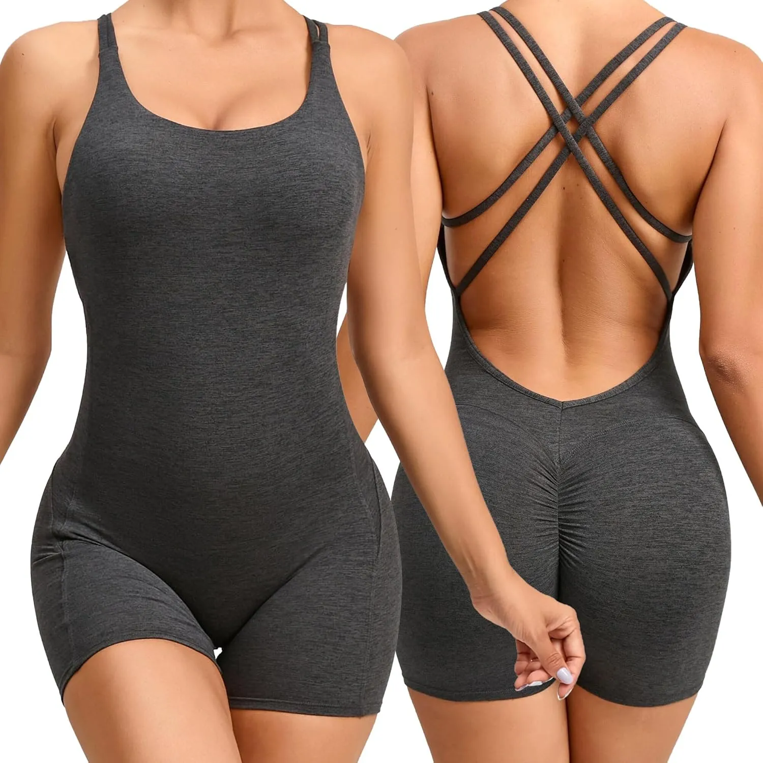 FEOYA Women's Stretchy Suspender Yoga Shapewear Bodysuit Tummy Control Butt Lift Compression Jumpsuit with Built-in Bra
