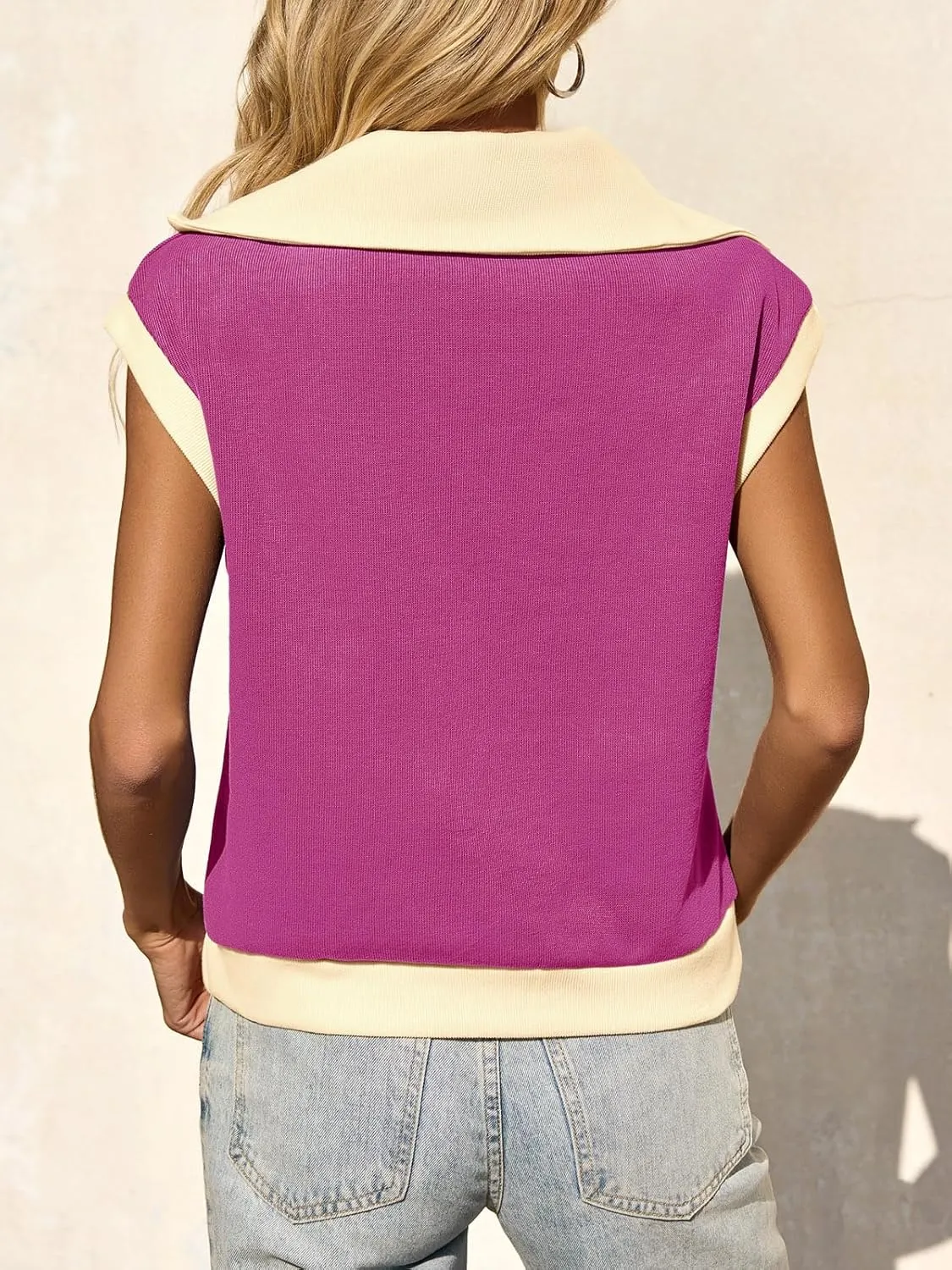 Fisoew Womens Half Zip Sweatshirts Short Sleeve Color Block Lapel V Neck Loose Summer Pullover Tops