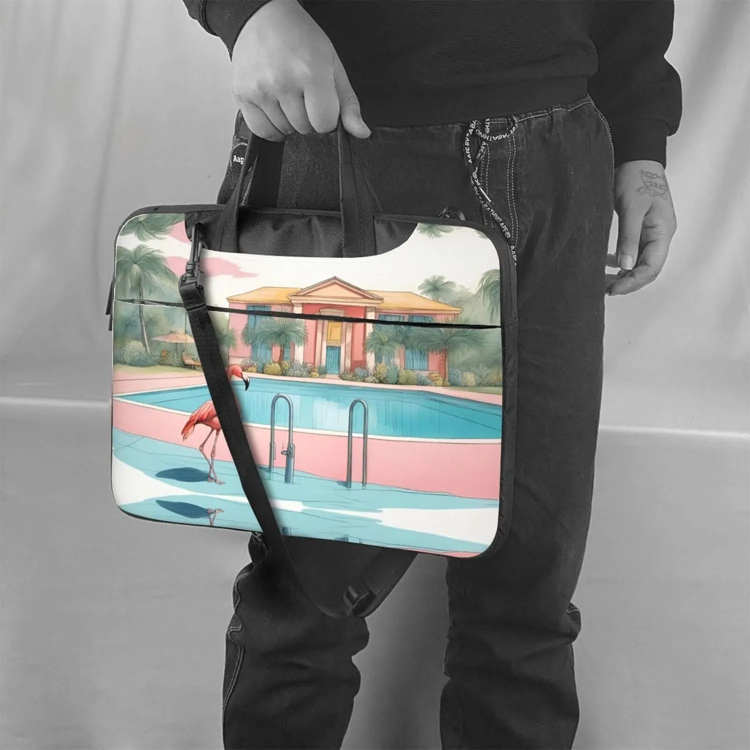 Flamingo and swimming pool pattern Fashionable and ultra-thin shoulder laptop bag Shockproof soft lining