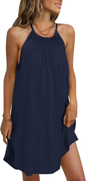 For G and PL Women's Summer Halter Sundress Sleeveless Mini Beach Dress with Pockets