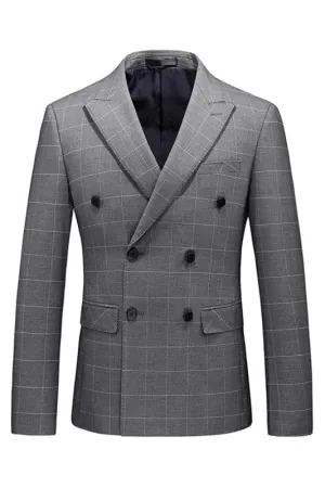 Formal Deep Gray Double Breasted Plaid Men Suits Two Pieces Slim Fit Tuxedos Prom Suits