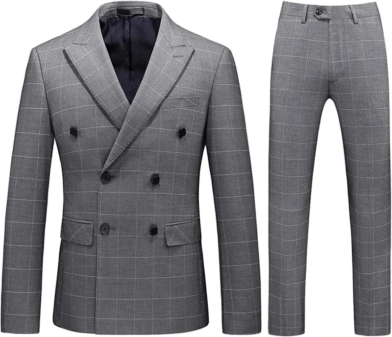 Formal Deep Gray Double Breasted Plaid Men Suits Two Pieces Slim Fit Tuxedos Prom Suits