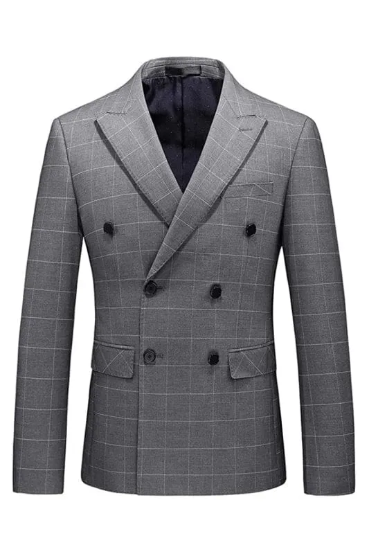 Formal Deep Gray Double Breasted Plaid Men Suits Two Pieces Slim Fit Tuxedos Prom Suits