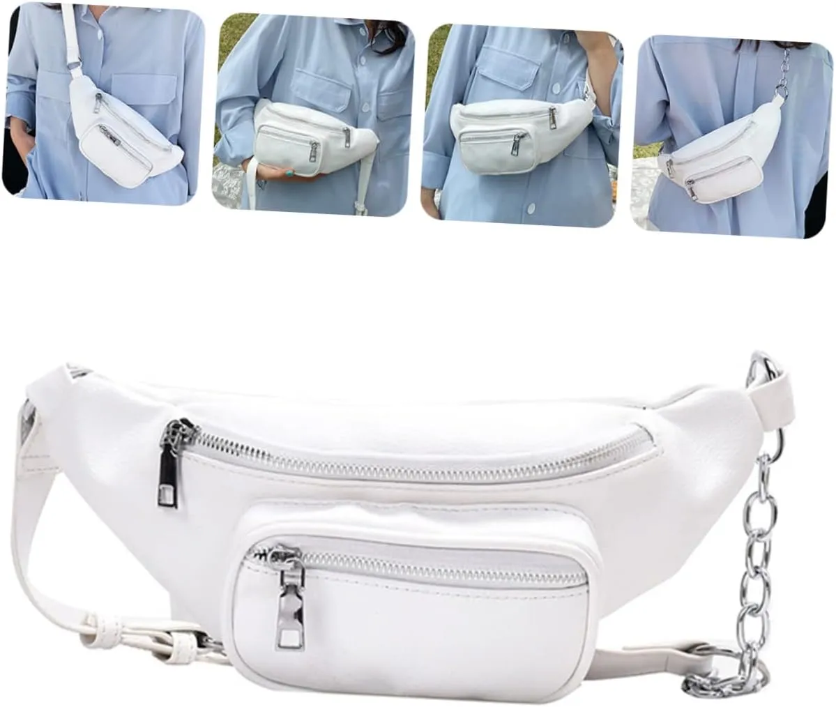 GALPADA Fashionable Women's Fanny Pack Pu Leather Waist Bag Double Pocket Crossbody Bag Chain