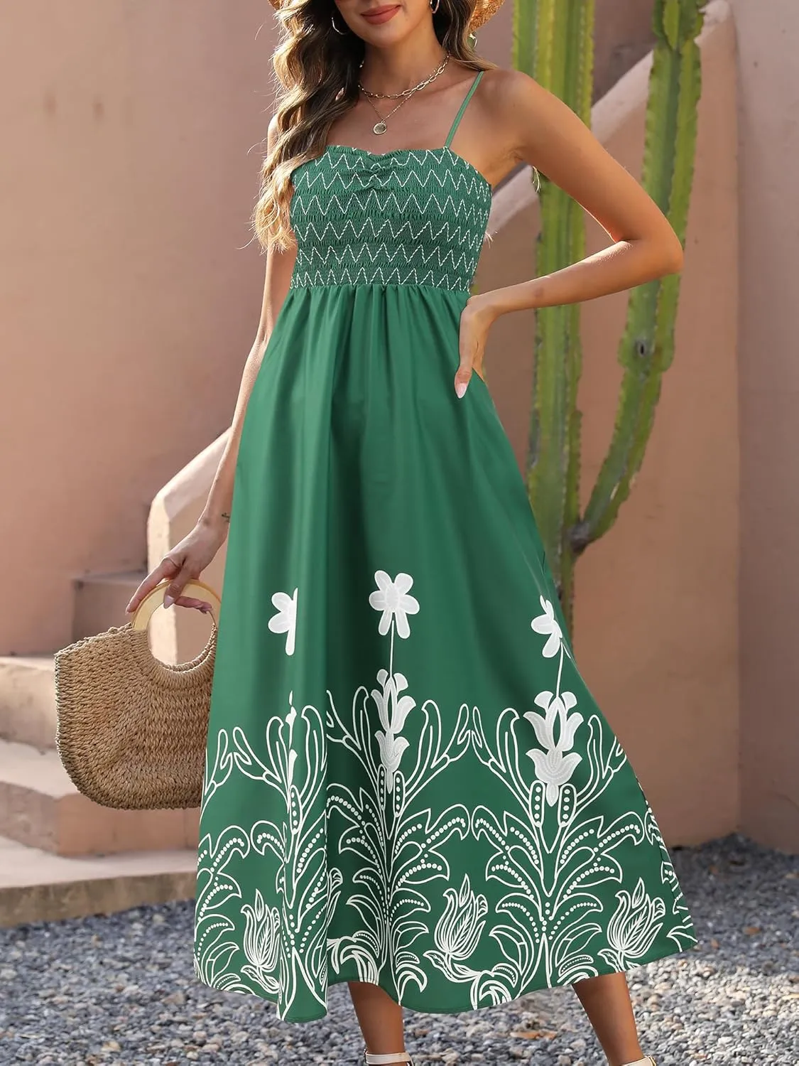 Gardenwed Women's Floral Print Maxi Dress,Spaghetti Strap Smocked Bodice A-Line Sundress with Pockets