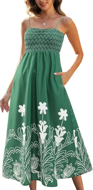 Gardenwed Women's Floral Print Maxi Dress,Spaghetti Strap Smocked Bodice A-Line Sundress with Pockets