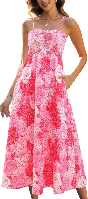 Gardenwed Women's Floral Print Maxi Dress,Spaghetti Strap Smocked Bodice A-Line Sundress with Pockets