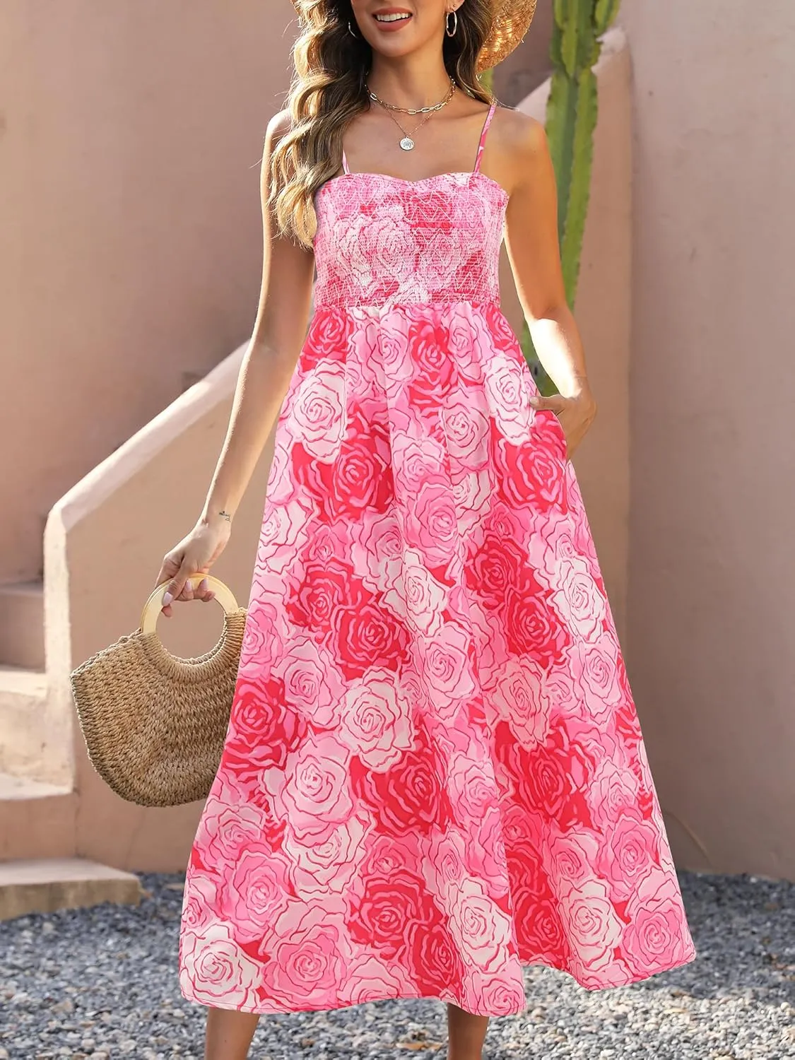 Gardenwed Women's Floral Print Maxi Dress,Spaghetti Strap Smocked Bodice A-Line Sundress with Pockets