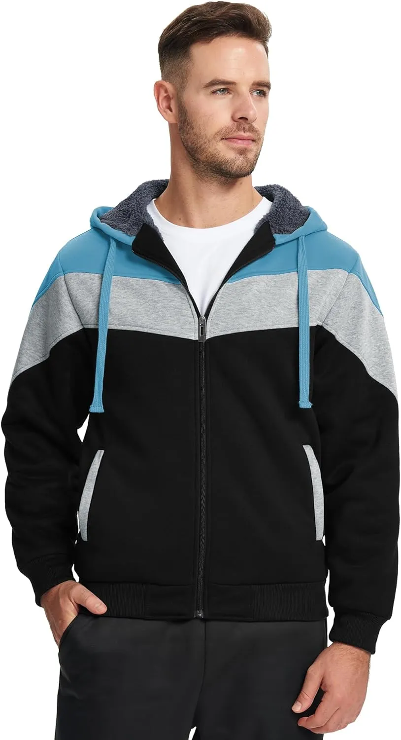 GEEK LIGHTING Mens Fleece Hoodies Zip Up Color Block Thick Winter Hooded Sweatshirt