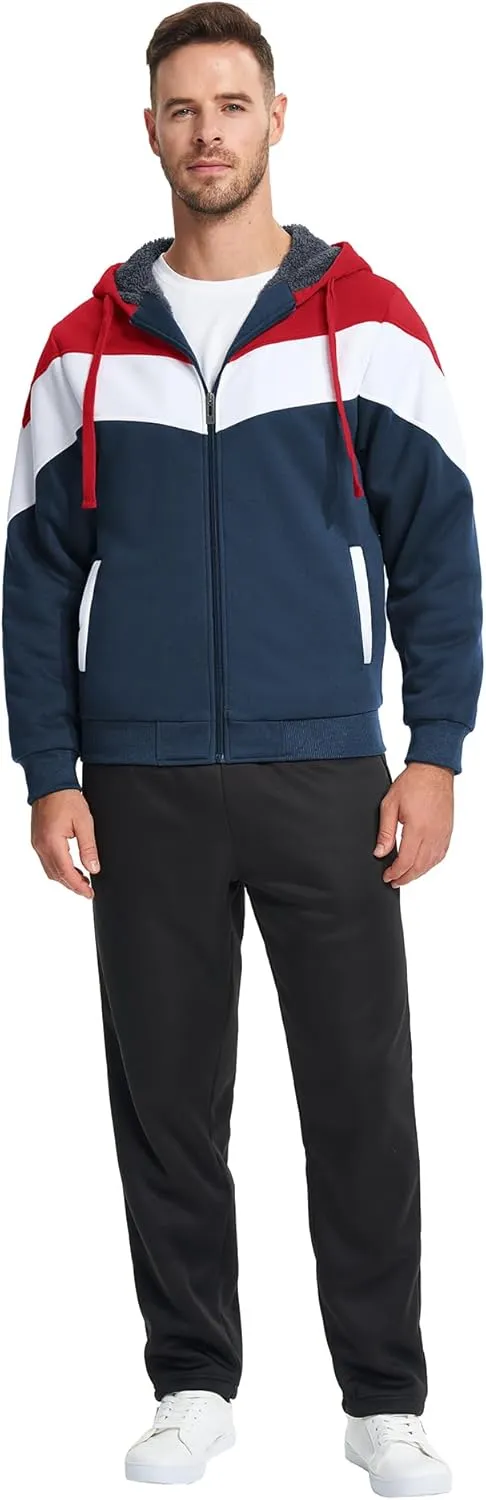 GEEK LIGHTING Mens Fleece Hoodies Zip Up Color Block Thick Winter Hooded Sweatshirt