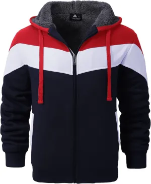 GEEK LIGHTING Mens Fleece Hoodies Zip Up Color Block Thick Winter Hooded Sweatshirt
