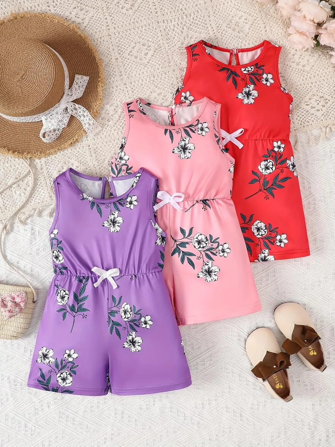 Girls 3 Pieces Floral Rompers Overall Elastic Waist Sleeveless Romper Jumpsuits 4-12Y