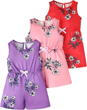 Girls 3 Pieces Floral Rompers Overall Elastic Waist Sleeveless Romper Jumpsuits 4-12Y