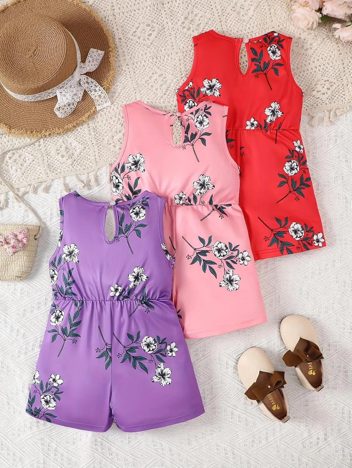 Girls 3 Pieces Floral Rompers Overall Elastic Waist Sleeveless Romper Jumpsuits 4-12Y
