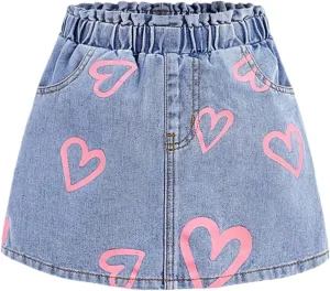 Girl's Cute Heart Print Denim Skirt Y2k Elastic High Waisted A Line Jean Skirts