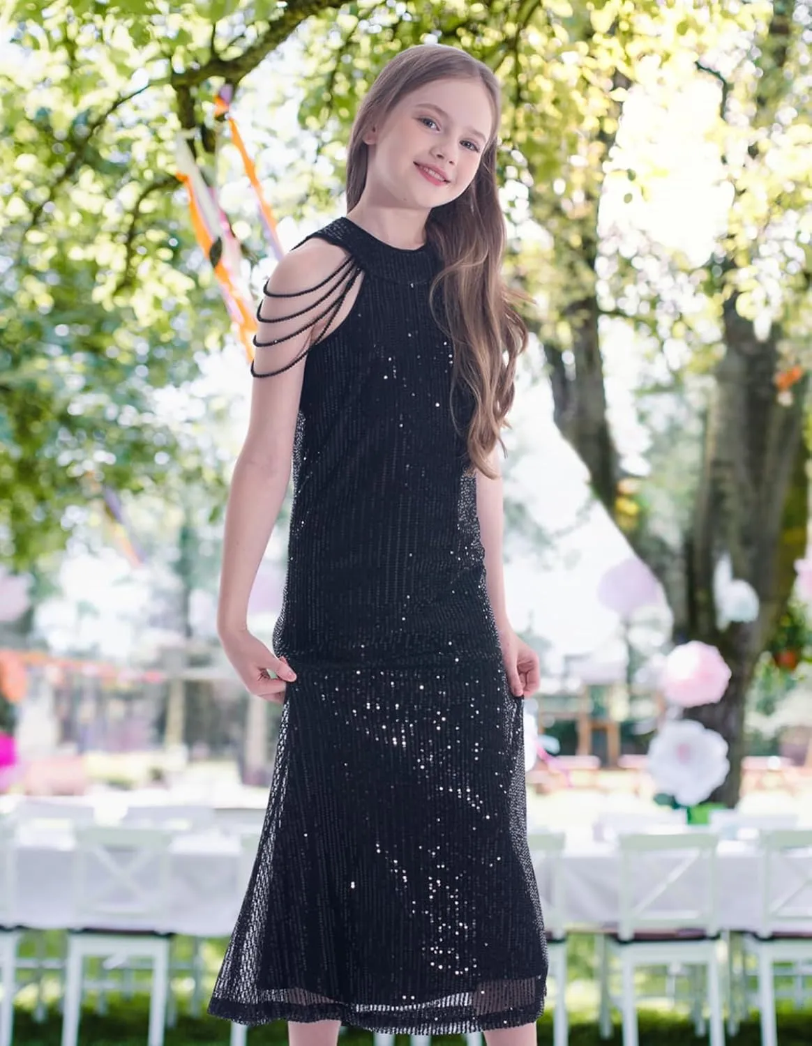 Girls Sequin Dress Halter Neck Hand-Beaded Tassel Elegant Birthday Wedding Party Maxi Dresses