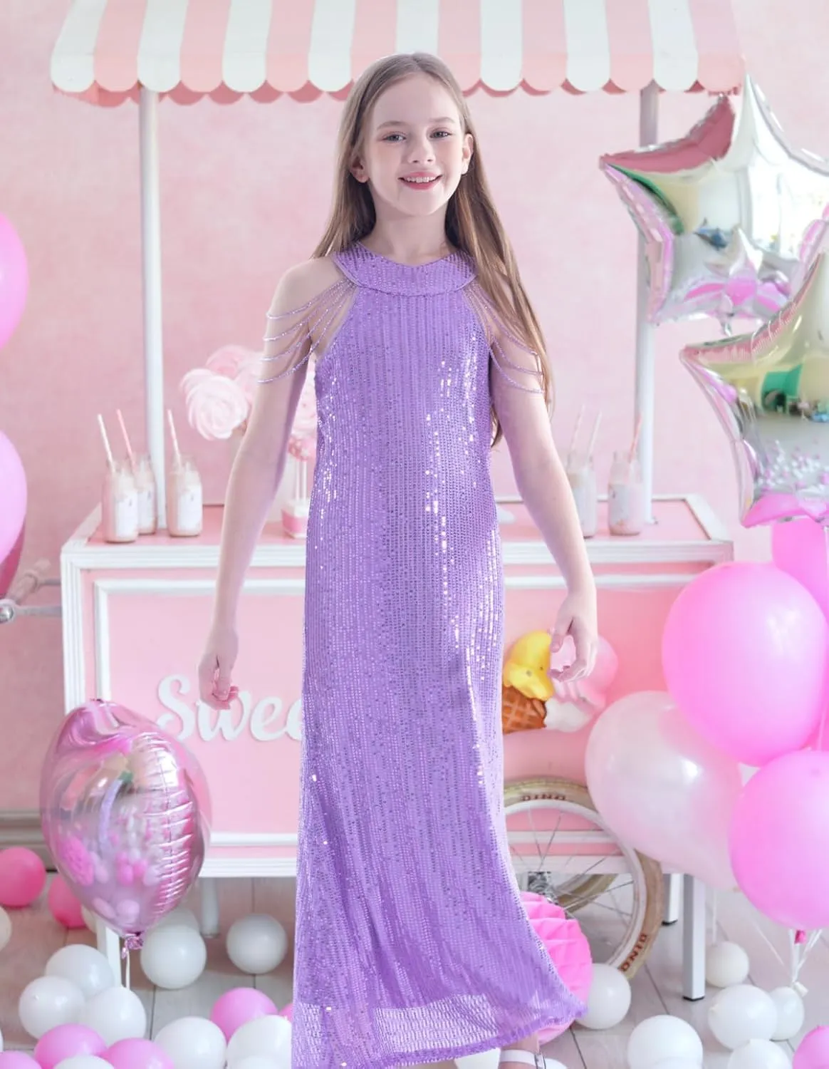 Girls Sequin Dress Halter Neck Hand-Beaded Tassel Elegant Birthday Wedding Party Maxi Dresses