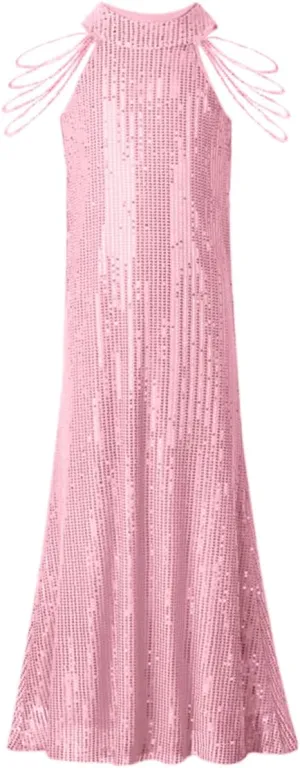 Girls Sequin Dress Halter Neck Hand-Beaded Tassel Elegant Birthday Wedding Party Maxi Dresses
