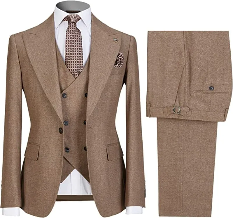 Glamorous Khaki Peaked Lapel Three Pieces Business Suits Slim Fit Wedding Suits