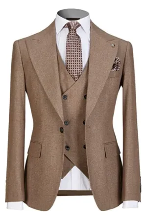 Glamorous Khaki Peaked Lapel Three Pieces Business Suits Slim Fit Wedding Suits
