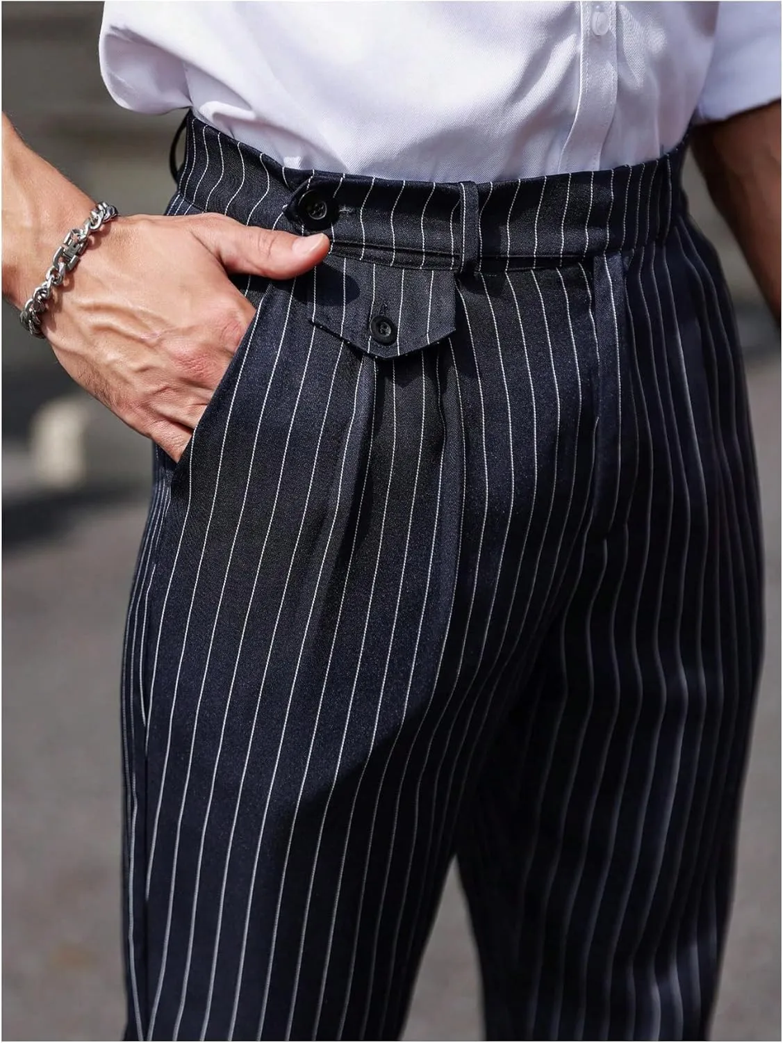 GORGLITTER Men's Striped Dress Pants Slim Fit Business Work Suit Long Trousers