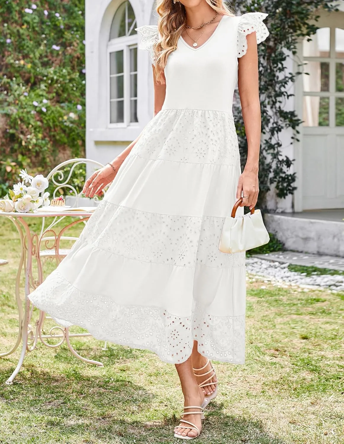 GRACE KARIN Women Summer Maxi Dresses Casual V Neck Ruffle Sleeve Lace Eyelet Tiered A Line Flowy Sundress with Pockets