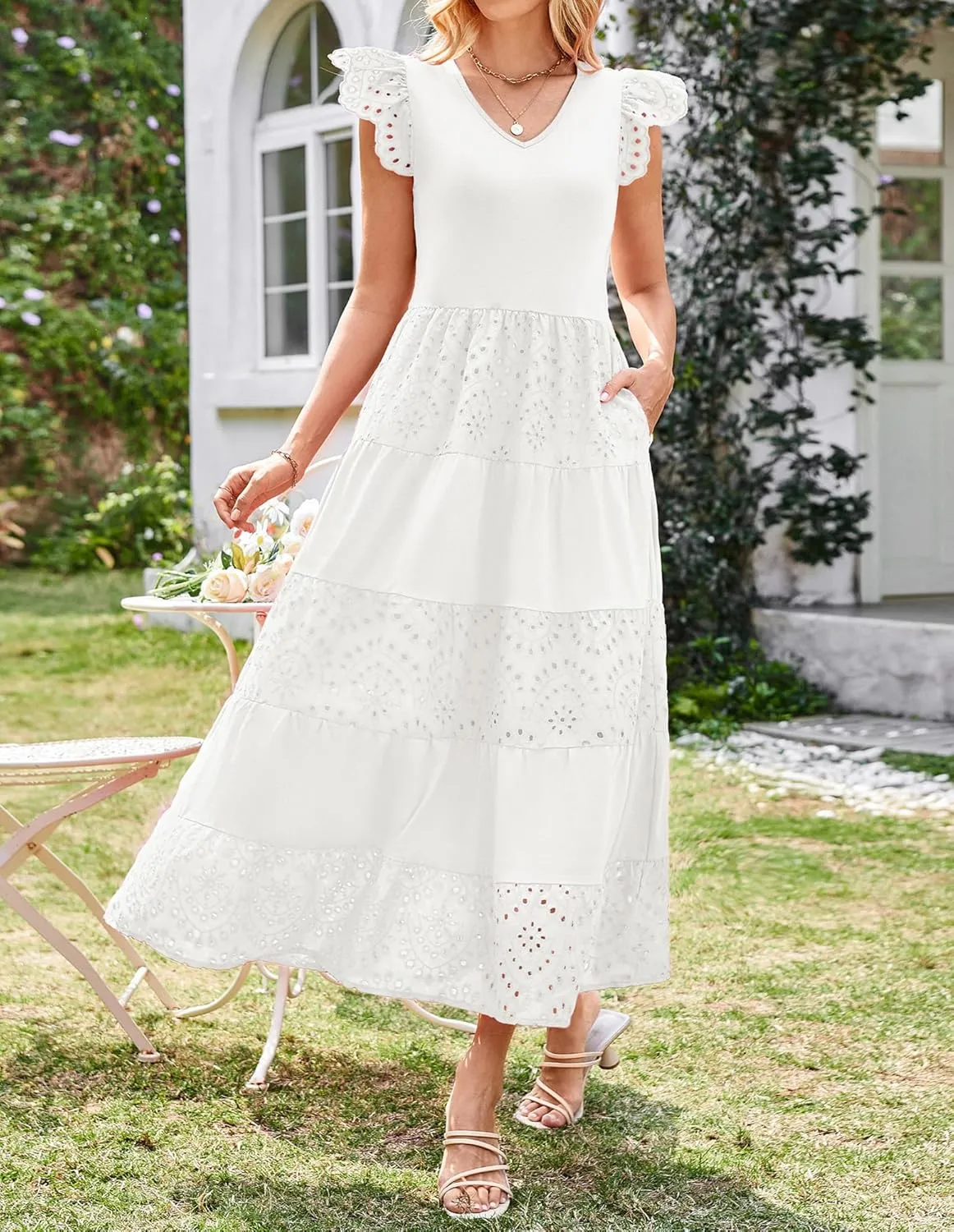 GRACE KARIN Women Summer Maxi Dresses Casual V Neck Ruffle Sleeve Lace Eyelet Tiered A Line Flowy Sundress with Pockets